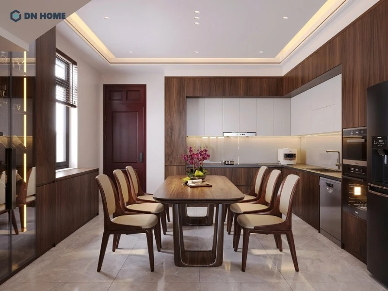 Mẫu decor bếp nhà ống sử dụng chất liệu gỗ tự nhiên tạo vẻ đẹp sang trọng và tăng thêm phần ấm cúng cho không gian