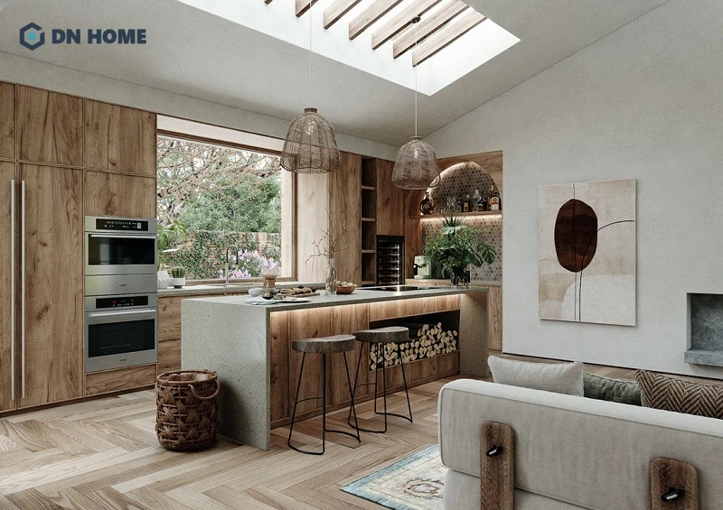 Decor nhà bếp theo phong cách thôn quê ưu tiên sử dụng các vật liệu tự nhiên như gỗ, đá, gạch thô,....