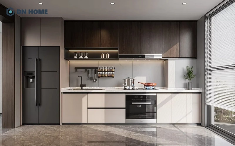 Decor nhà bếp với hệ tủ phù hợp giúp tăng tính tiện nghi và tạo điểm nhấn hiện đại cho không gian nấu nướng
