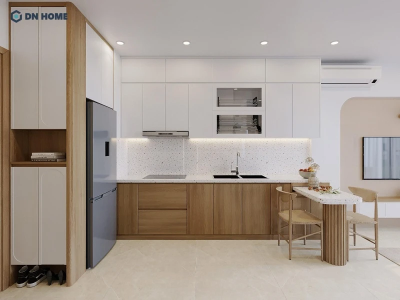 Bếp chung cư chữ L với thiết kế gọn gàng, tận dụng tối đa các góc chết