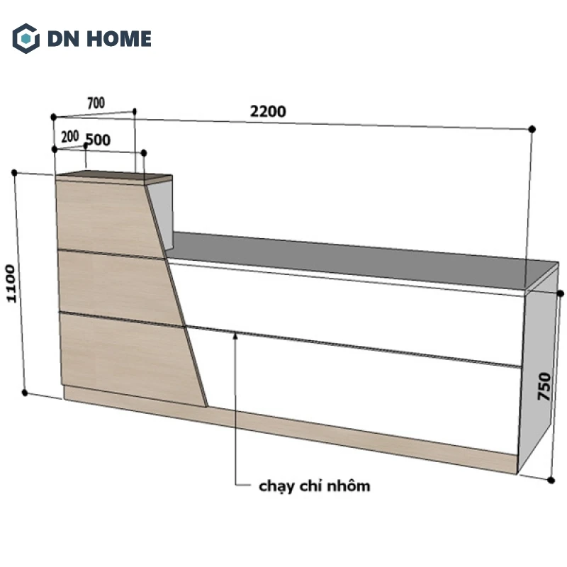 Bản vẽ quầy lễ tân khách sạn đi kèm là thông số kích thước phù hợp