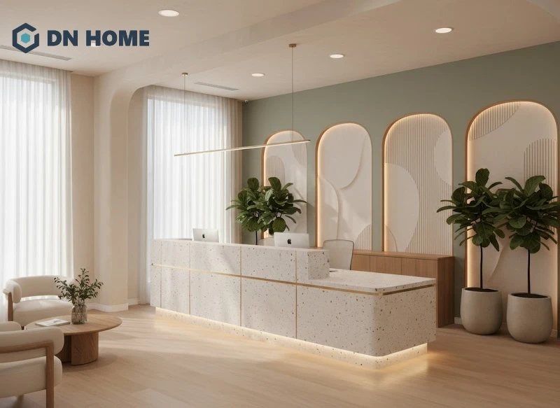 Thiết kế quầy lễ tân chữ L giúp tận dụng tối đa các góc chết trong khu vực