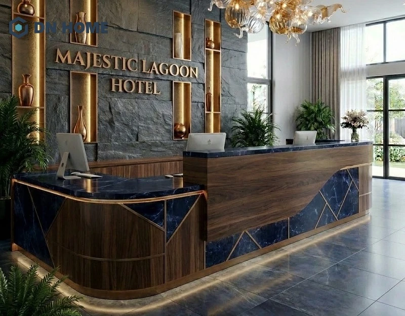 Mẫu quầy lễ tân hình chữ U với cách phối hợp về vật liệu và màu sắc phù hợp với không gian luxury