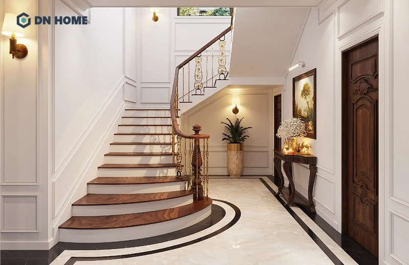 Cầu thang kết hợp hài hoà giữa kích thước trụ cầu thang gỗ và tổng số bậc cũng sẽ ảnh hưởng đến phong thuỷ của không gian sống