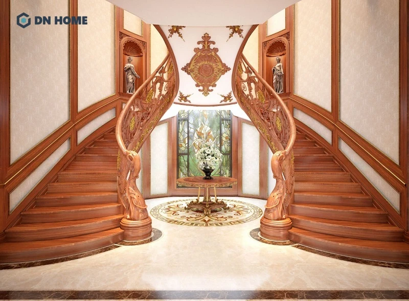 Gỗ Sồi và gỗ Gụ là những vật liệu làm trụ cầu thang phổ biến trong phân khúc trung đến cao cấp.