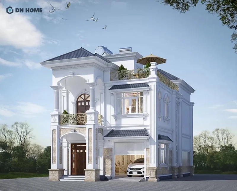 Các vật liệu cao cấp như đá và gỗ tự nhiên tạo điểm nhấn thị giác cho nhà phố tân cổ điển