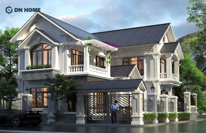 Nhà phố tân cổ điển chữ L 2 tầng với kiến trúc ấn tượng, thu hút ánh nhìn