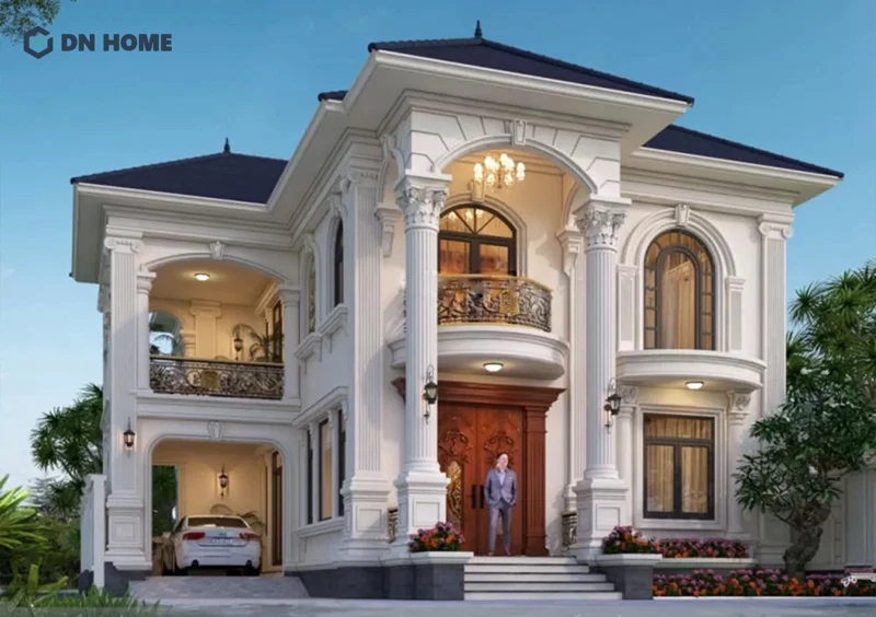 Hệ cột trụ và phào chỉ được chú trọng điêu khắc tỉ mỉ, giữ được vẻ đẹp tinh tế của nhà tần cổ điển có gara