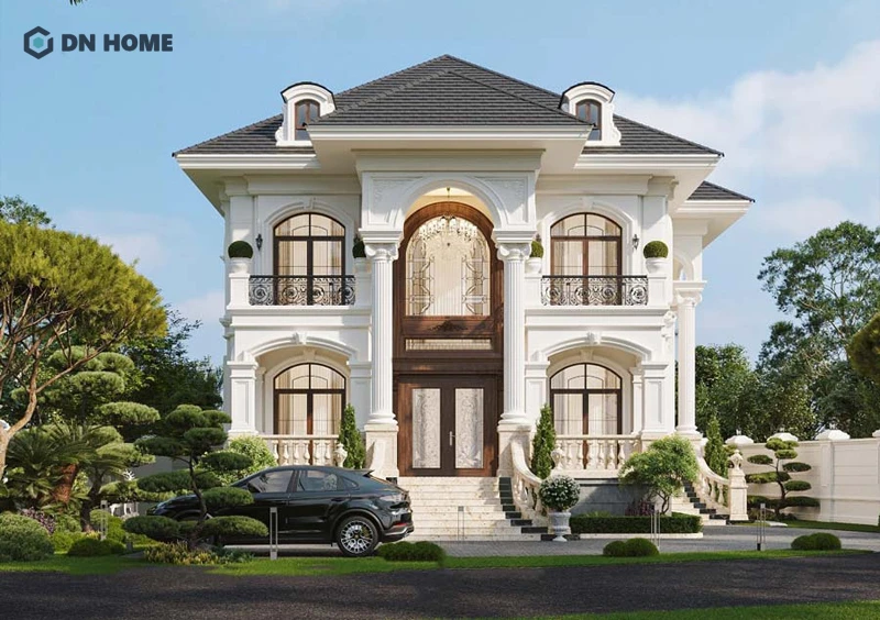 Hệ cột trụ và mái vòm bề thế là đặc trưng không thể thiết của biệt thự tân cổ điển 2 tầng