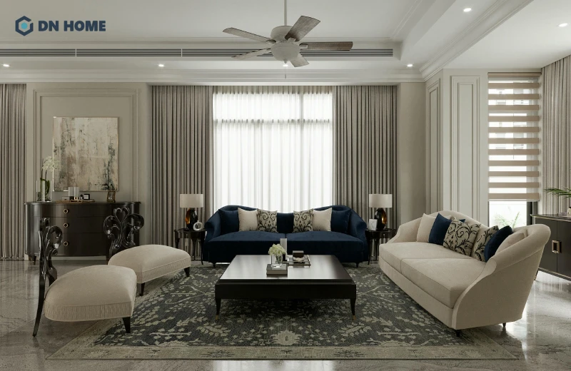 Sofa nhung với đường nét bo tròn mềm mại là đặc trưng thiết kế nội thất phong cách tân cổ điển