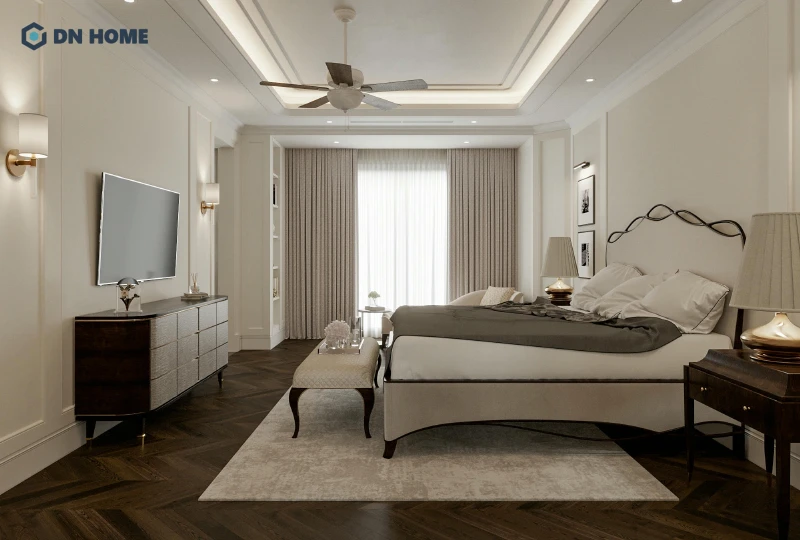 Phòng ngủ được thiết kế cá nhân hóa nhưng vẫn giữ được tinh thần sang trọng của phong cách tân cổ điển