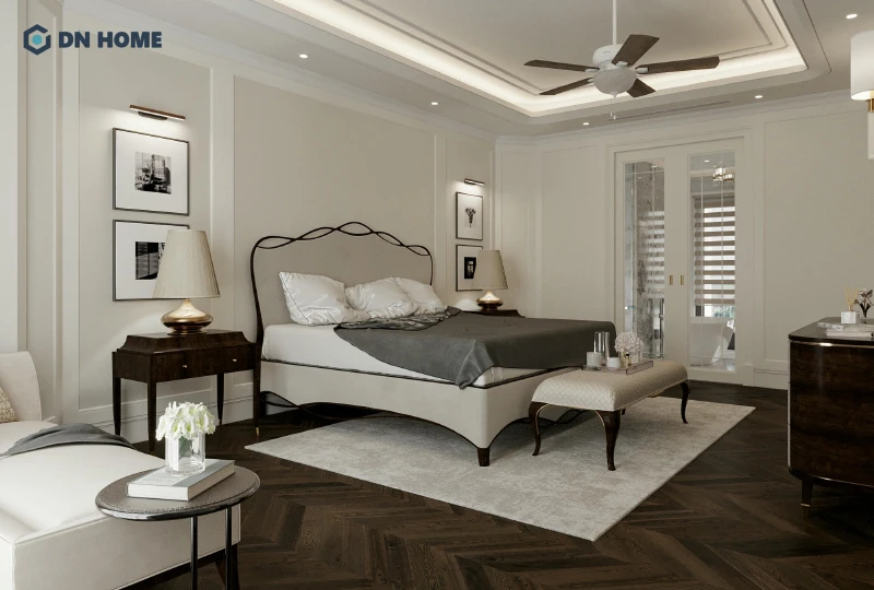 Đầu giường với nệm bọc, vải nhung và gam màu trung tính tạo nên cảm giác dễ chịu thoải mái