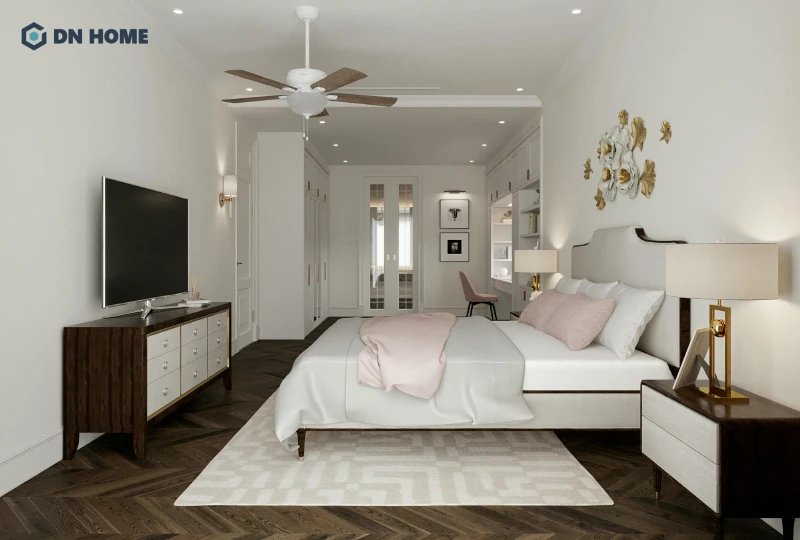 Chất liệu cao cấp và chi tiết mạ vàng là điểm nhấn sang trọng trong phòng ngủ phong cách tân cổ điển