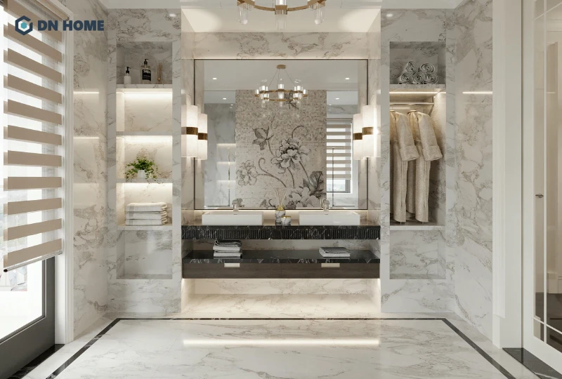 Chất liệu đá được sử dụng trong phòng tắm tân cổ điển tạo cảm giác sạch sẽ và sang trọng