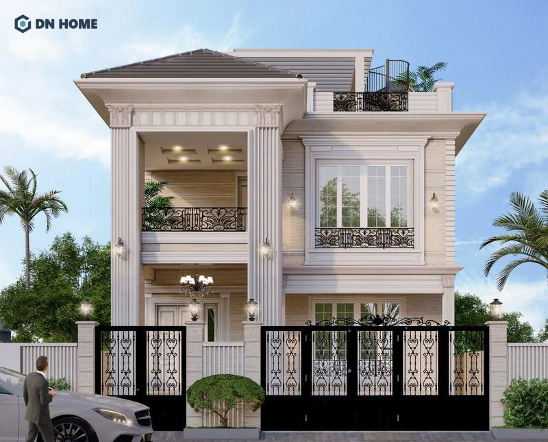 Mái Nhật với độ dốc nhẹ nhàng giúp tổng thể kiến trúc nhà phố 2 tầng tân cổ điển hài hòa hơn
