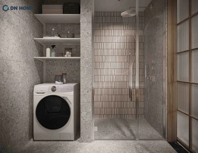 Máy giặt được đặt ngay tại khu vực này, tăng thêm phần tiện nghi khi sử dụng