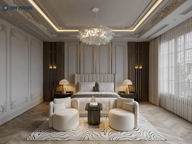 Khu vực phòng ngủ với thiết kế sang trọng, tinh tế, kết hợp hài hoà giữa ánh sáng tự nhiên và nhân tạo