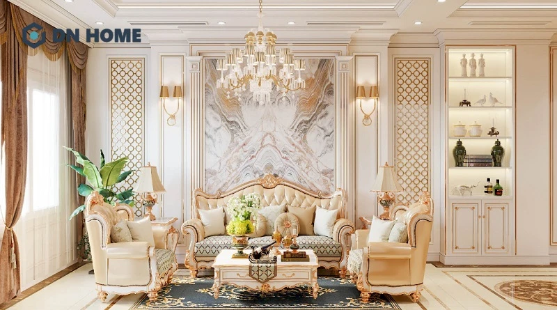Đường nét phào chỉ trang trí tinh xảo của không gian tiếp khách biệt thự tân cổ điển