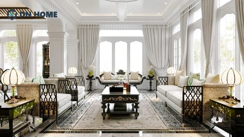 Chất liệu truyền thống kết hợp với những đường nét đặc trưng của tân cổ điển tạo nên tổng thể vừa sang trọng, vừa gần gũi