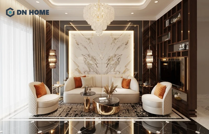 Phòng khách tân cổ điển đẹp mắt, không gian hài hoà giữa màu sắc và ánh sáng