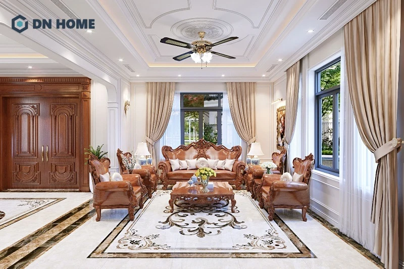 Sàn nhà là yếu tố quan trọng góp phần hoàn thiện tổng thể phòng khách biệt thự tân cổ điển