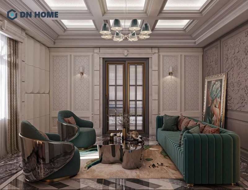 Các bức tường được trang trí bằng hệ phù điêu, phào chỉ tinh xảo, tạo nên chiều sâu cho không gian