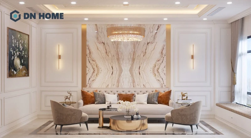 Các mảng tường được làm nổi bật bởi vân mây của đá marble, đường phào chỉ hoặc tranh nghệ thuật