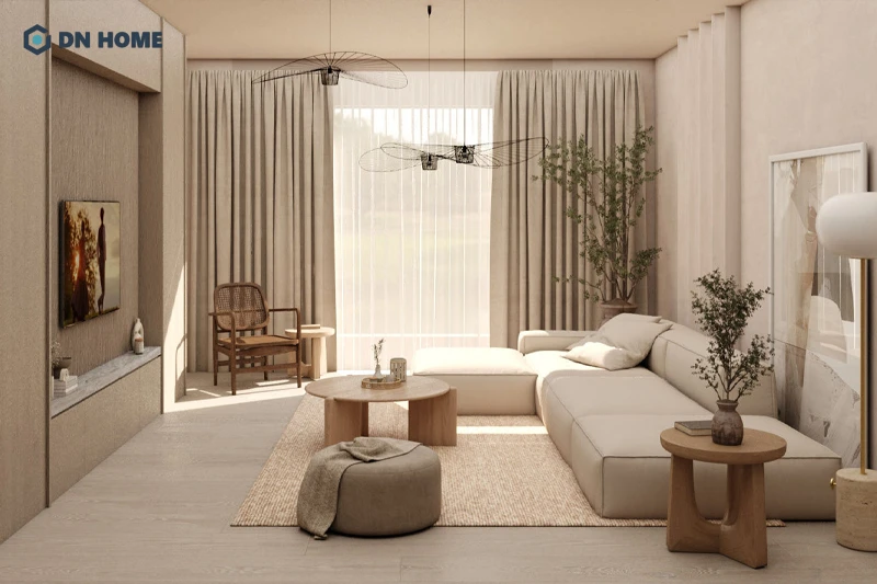 Với phòng khách phong cách tối giản, gam màu trung tính là lựa chọn hàng đầu
