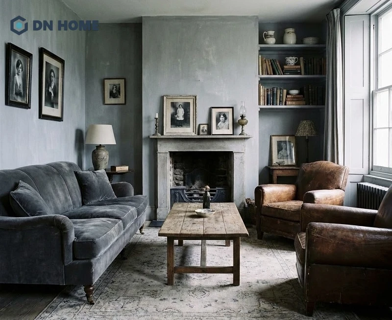Mẫu thiết kế phòng khách Vintage đầy cuốn hút với gam màu xám làm chủ đạo