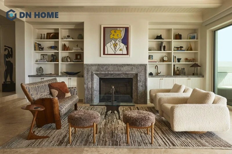 Sự kết hợp giữa giam màu xám và nâu beige tạo nên không gian phòng khách đẹp mắt, ấn tượng