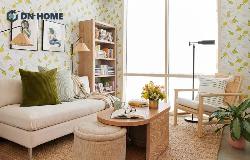 Mẫu phòng khách Vintage kết hợp với không gian đọc sách nhỏ gọn, tối ưu diện tích