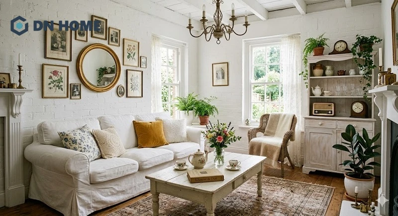 Phòng khách phong cách Vintage gam màu trắng làm chủ đạo kết hợp cùng các chi tiết trang trí độc đáo