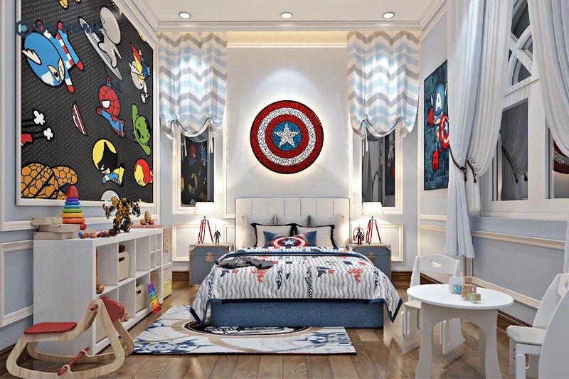 Phòng ngủ vũ trụ siêu anh hùng Marvel dành cho bé trai thiết kế ấn tượng