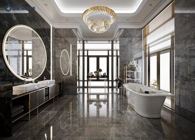 Đá marble xám vân mây kết hợp cùng các chi tiết khác tạo nên không gian phòng tắm đầy sang trọng