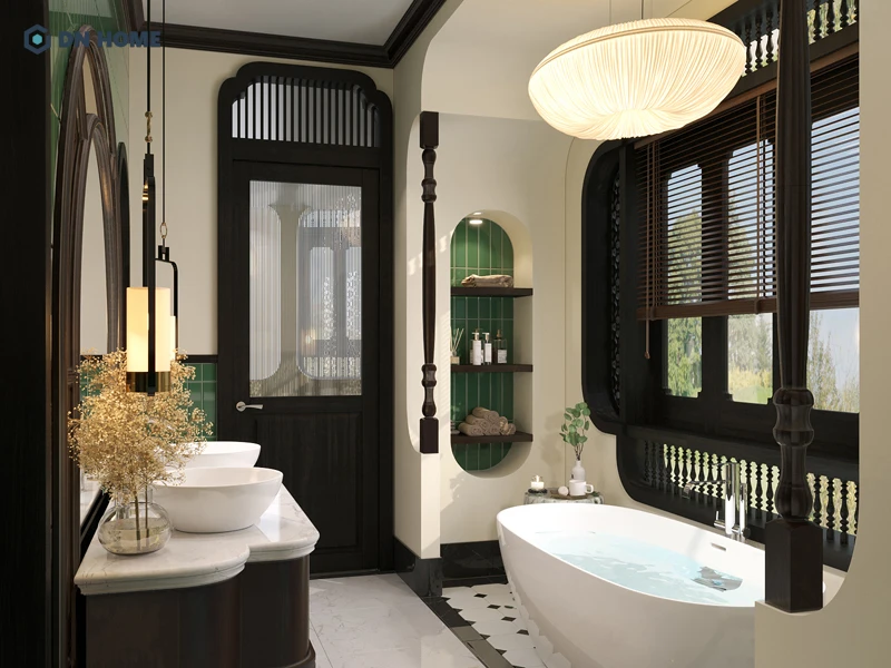 Không gian phòng tắm Indochine ưu tiên sử dụng các loại vật liệu gạch bông, gỗ, mây, tre,...