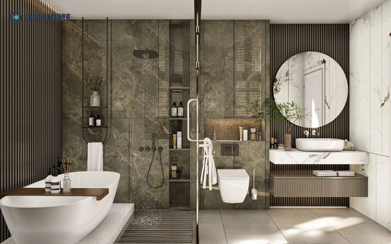 Phòng tắm phong cách đương đại ưu tiên thiết kế mở, tận dụng tối đa ánh sáng tự nhiên