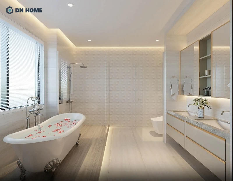Phòng tắm đẹp cho biệt thự phong cách hiện đại sử dụng các tông màu sáng để làm cho không gian rộng rãi hơn