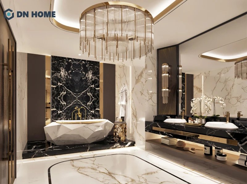 Phòng tắm luxury với yếu tố mạ vàng làm điểm nhấn