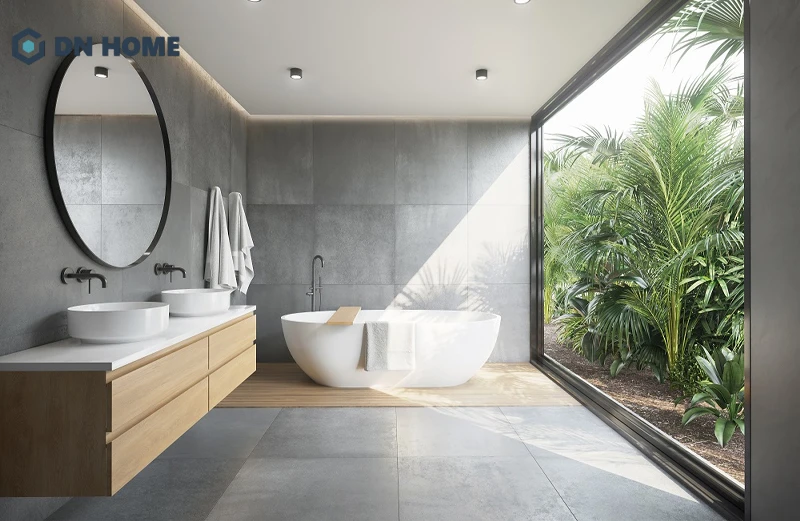 Ánh sáng tự nhiên thường được sử dụng làm điểm nhấn phòng tắm master đơn giản