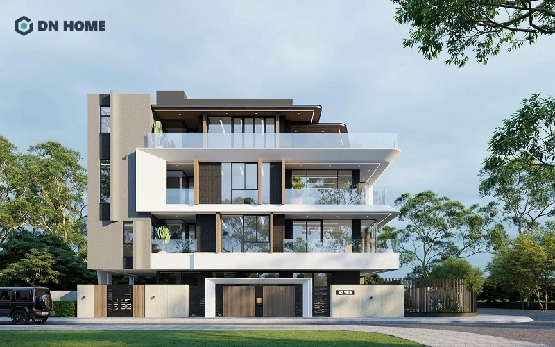 Mặt tiền biệt thự 9x18m 4 tầng phong cách hiện đại gây ấn tượng mạnh với đường nét thiết kế độc đáo