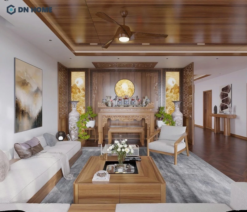 Bàn thờ được đặt gọn trong không gian phòng khách, gỗ óc chó góp phần làm cho không gian thêm phần ấm cúng
