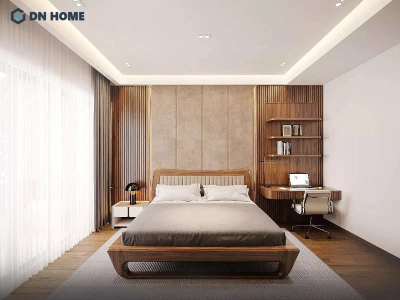 Sự kết hợp hoàn hảo giữa ánh sáng tự nhiên, hệ thống chiếu sáng nhân tạo và gỗ óc chó tạo nên phòng ngủ ấm cúng, thư giãn