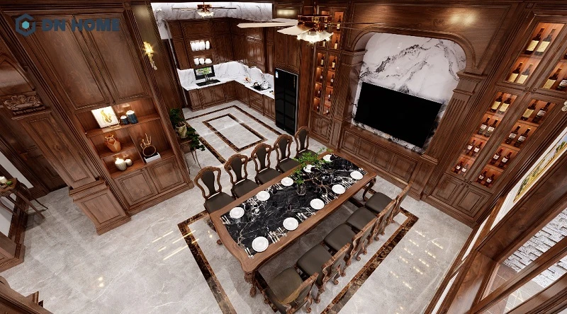 Gỗ óc chó được lồng ghép khéo léo, kết hợp với các vật liệu kim loại, đá marble tạo nên sự sang trọng cho không gian