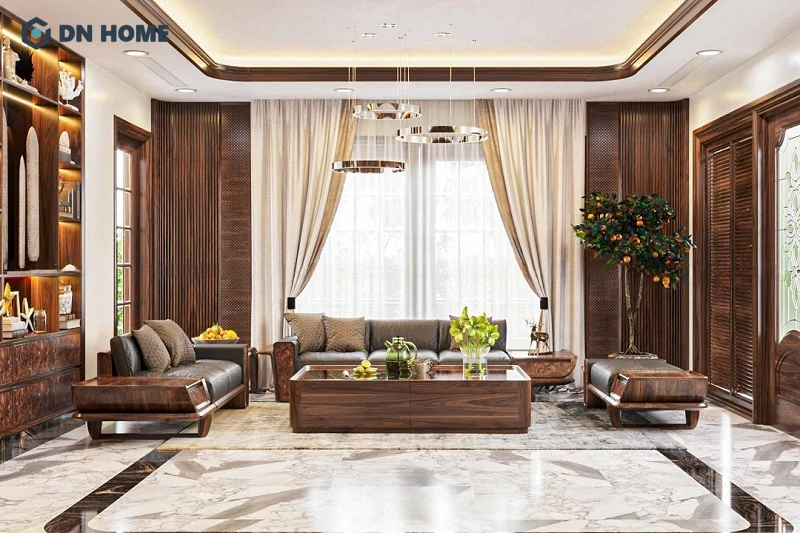Thiết kế biệt thự gỗ óc chó với không gian phòng khách sang trọng, thể hiện đẳng cấp của gia chủ