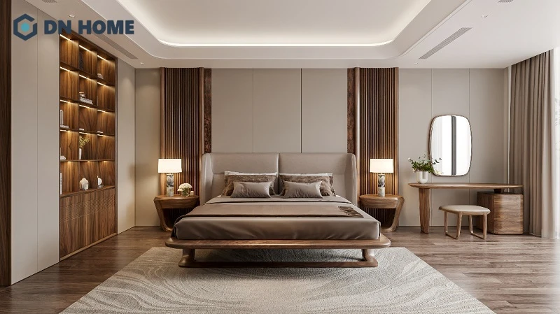 Nội thất gỗ óc chó với màu nâu trầm đặc trưng góp phần đem lại cảm giác sang trọng, ấm cúng cho không gian nghỉ ngơi