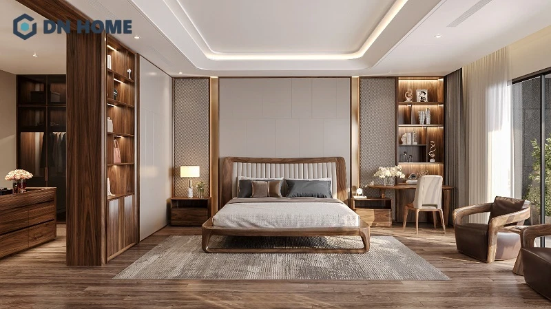 Gỗ óc chó chiếm phần lớn trong không gian, kết hợp cùng màu sắc nhẹ nhàng tăng thêm phần thẩm mỹ cho phòng ngủ