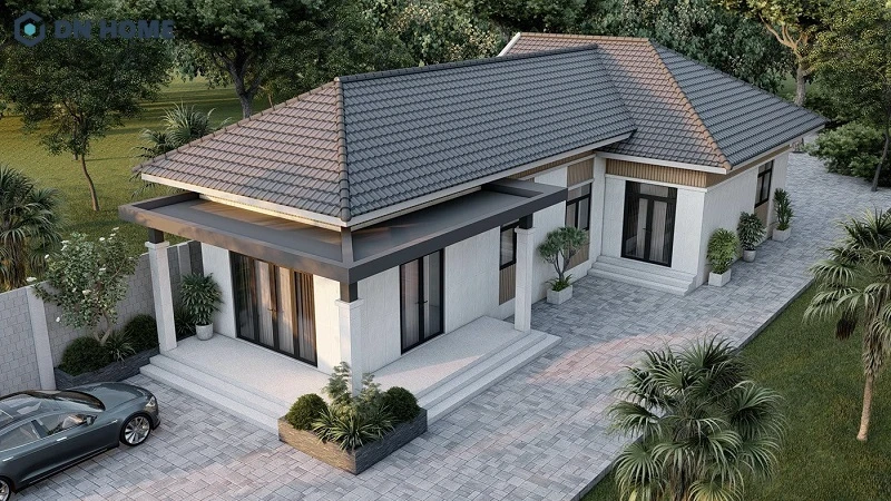 Thiết kế biệt thự mái Thái L tạo khoảng sân vườn thoáng rộng, giúp gia chủ dễ dàng bố trí sân vườn, gara oto