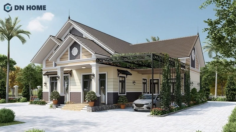 Mẫu biệt thự mái Thái dáng chữ L tận dụng góc để làm không gian để ôtô tiện nghi