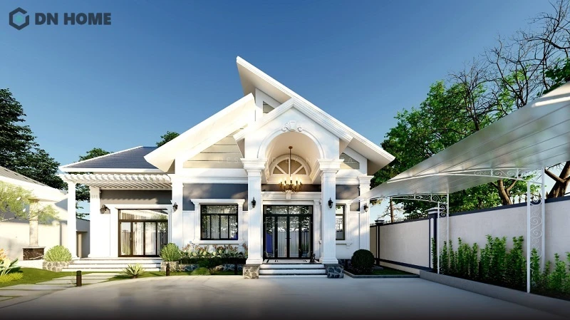 Thiết kế hệ mái Thái lệch độc đáo, góp phần tăng thêm tính thẩm mỹ cho mặt tiền căn biệt thự