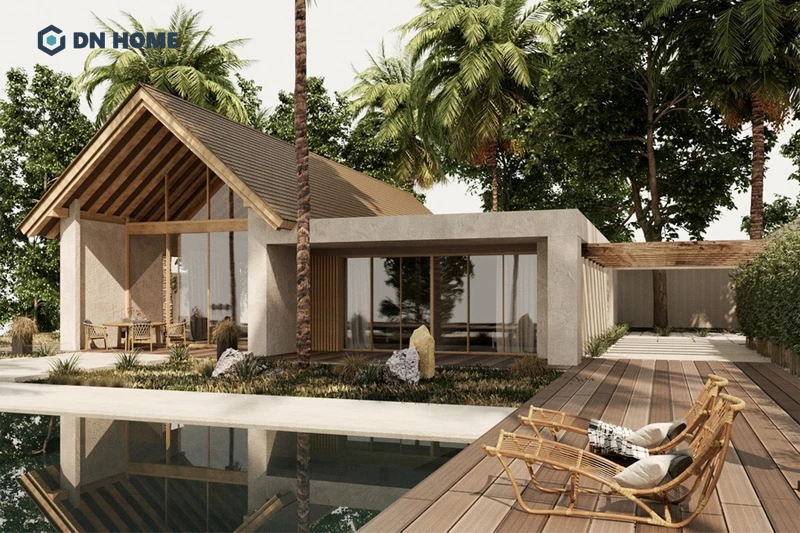 Phong cách thiết kế Rustic với đặc trưng thô mộc mang đến vẻ đẹp gần gũi nhưng vẫn ấn tượng cho biệt thự